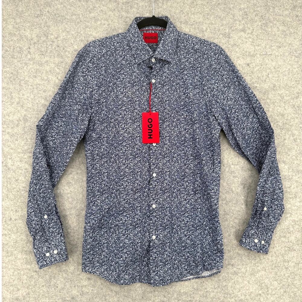 NWT Hugo Boss Kenno Dark Blue Cotton Floral Slim Fit Dress Shirt Size US 15